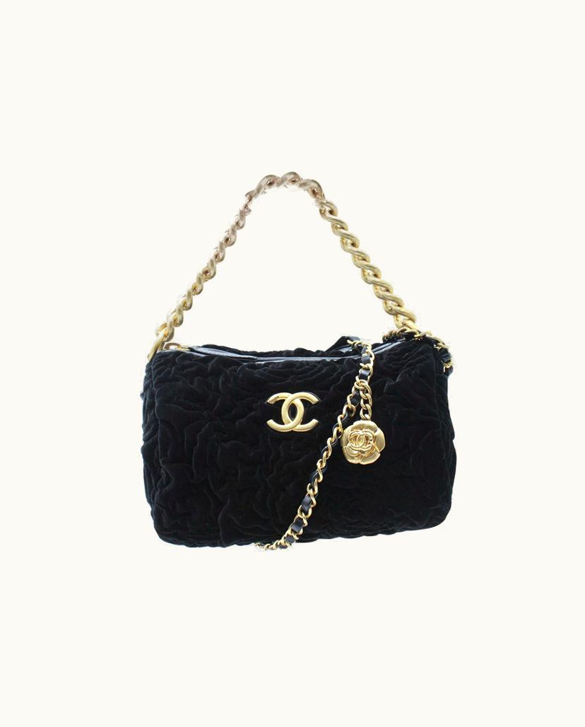 Chanel Chanel Two-Way Chain Camellia Shoulder Bag in Black Velvet
