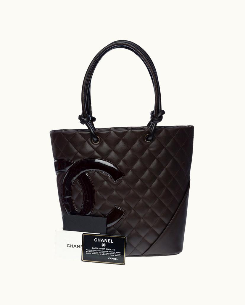 Chanel Chanel Cambon Quilted Lambskin Tote Bag Brown Silver Orange