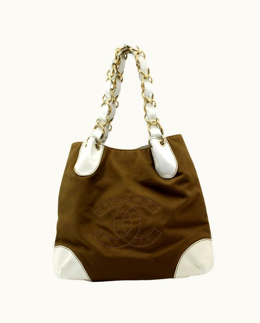 Chanel Chanel Classic Shopper Bag Brown Canvas & White Leather