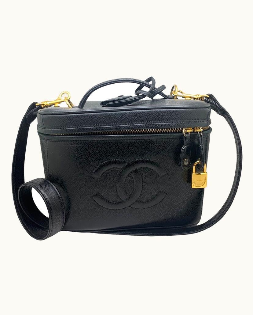 Chanel Chanel Vanity Case Leather Black Hammered Gold-Effect 1996 Vintage