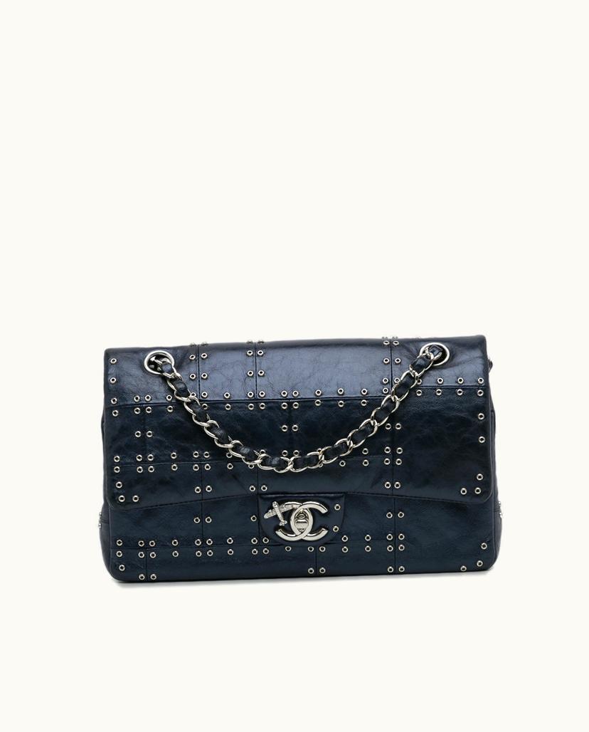 Chanel Chanel Airlines Double Flap Shoulder Bag Leather Studded Black