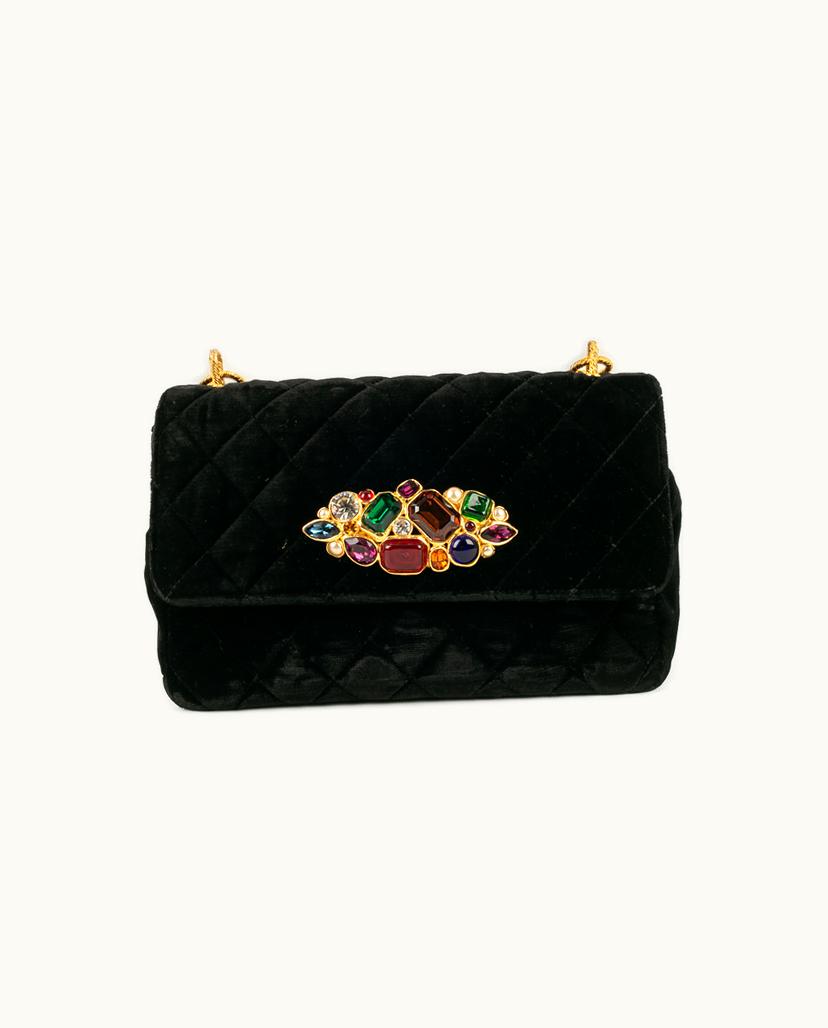 Chanel Chanel Vintage 1989/1991 Gilt Metal & Glass Paste Jewel Closure Quilted Black Velvet Women's Handbag