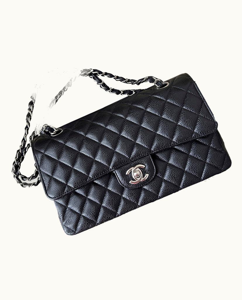 Chanel Chanel Medium Classic Double Flap Bag Quilted Caviar in Black with Silver Hardware and Burgundy Lining