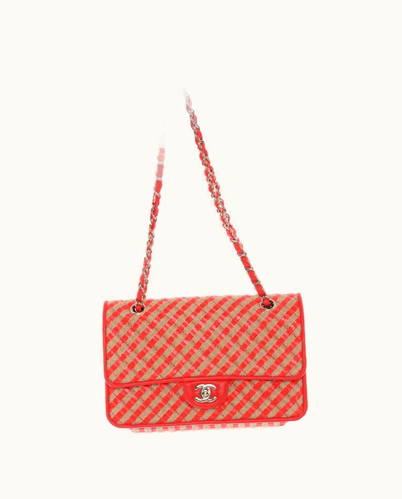 Chanel Chanel Classic Flap Bag Cord/Synthetic Link Chain Crossbody Beige/Coral Red