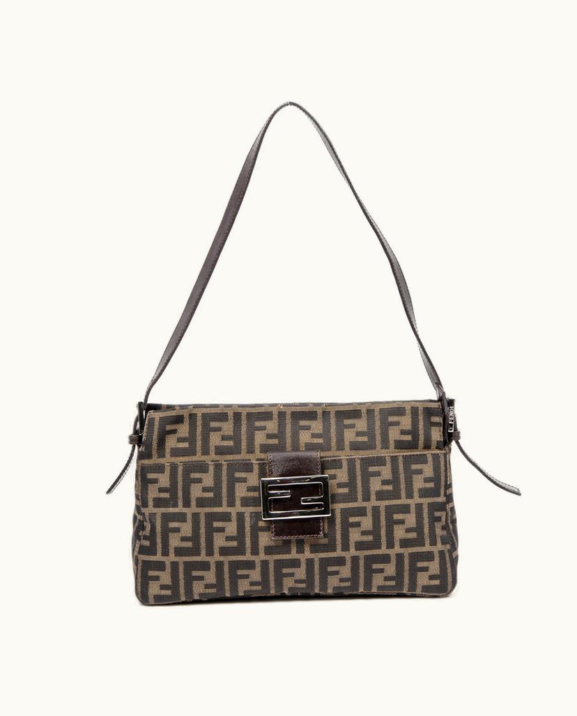 Fendi Fendi Top Zip Baguette Shoulder Bag Canvas Tobacco Zucca Silver