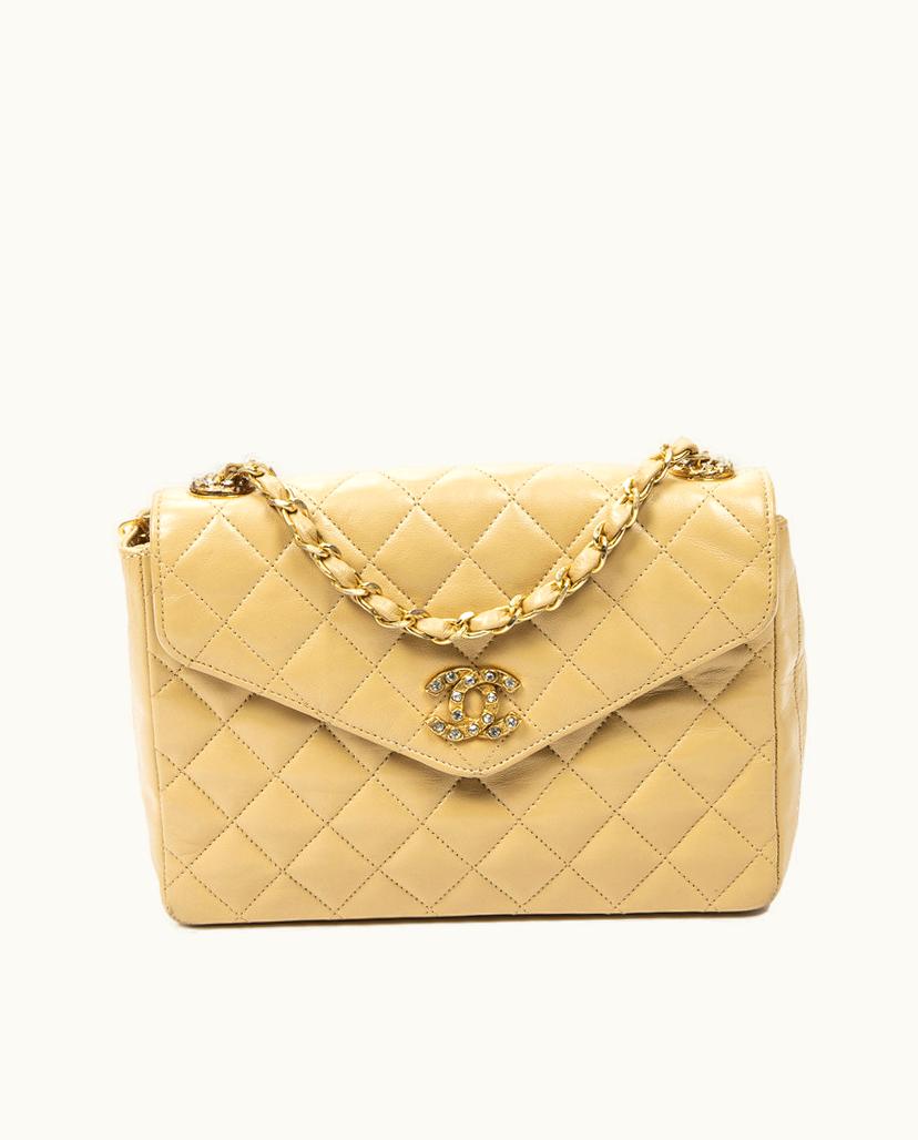 Chanel Chanel CC Crystal Push Lock Square Flap Shoulder Bag Lambskin Leather Beige