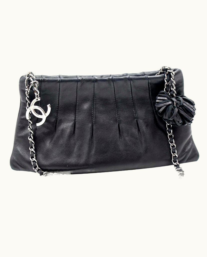 Chanel Chanel Pochette Bag Lamb Leather Shoulder Chain Silver Black
