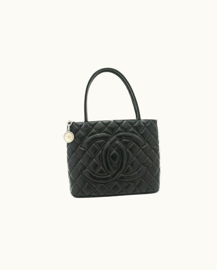 Chanel CHANEL Silver Medallion Caviar Shoulder Bag Grand Shopping Tote Black