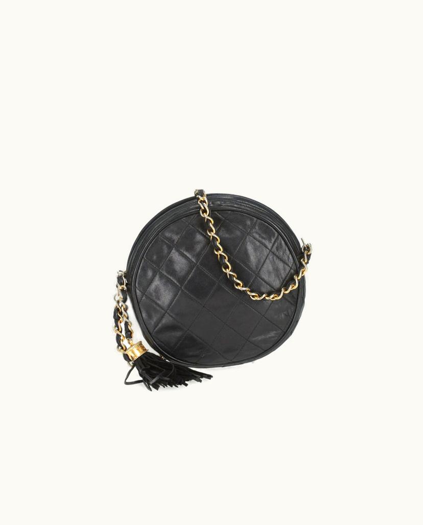 Chanel CHANEL Round Tassel Chain Crossbody Bag Quilted Lambskin Black