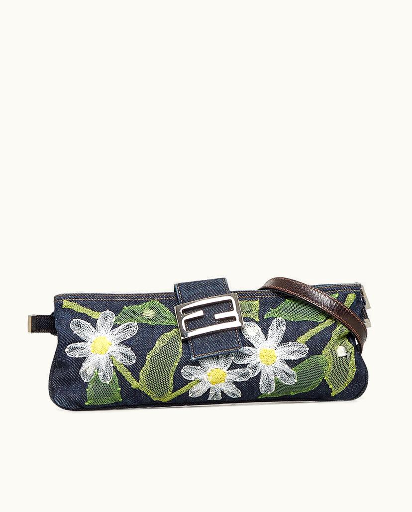 Fendi Fendi Floral Embroidered Denim Baguette Shoulder Bag Blue