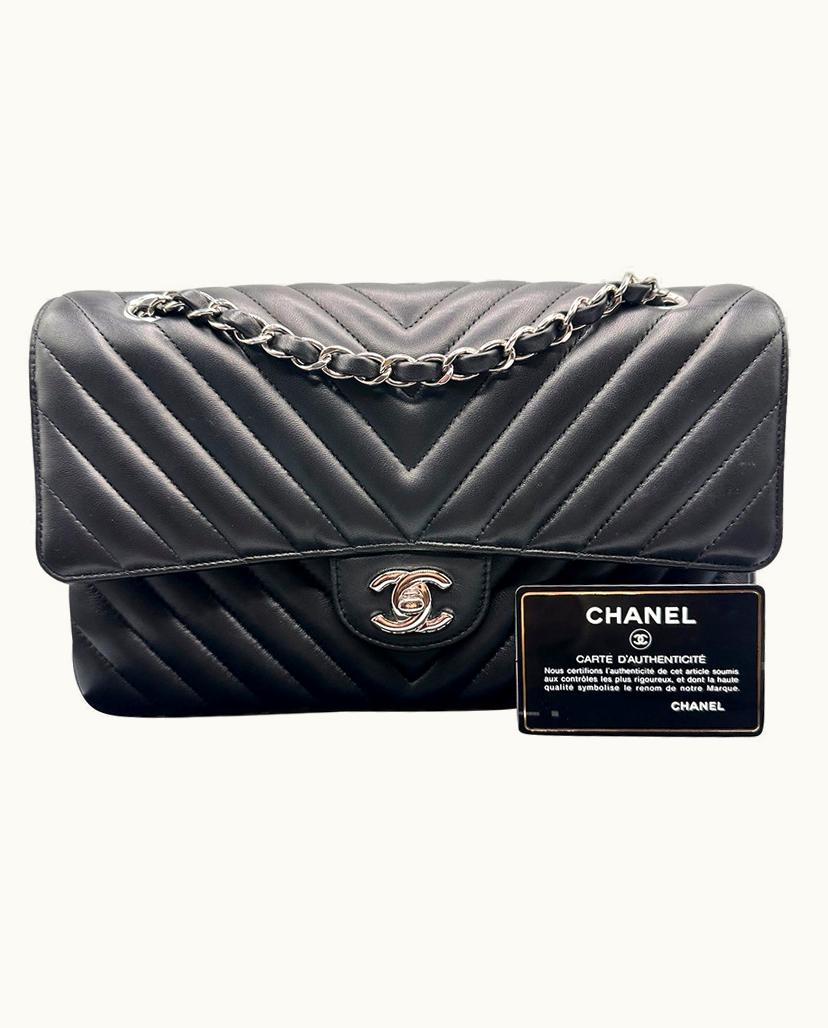 Chanel Chanel 2016 Medium Chevron Flap Bag Lambskin Silver Black