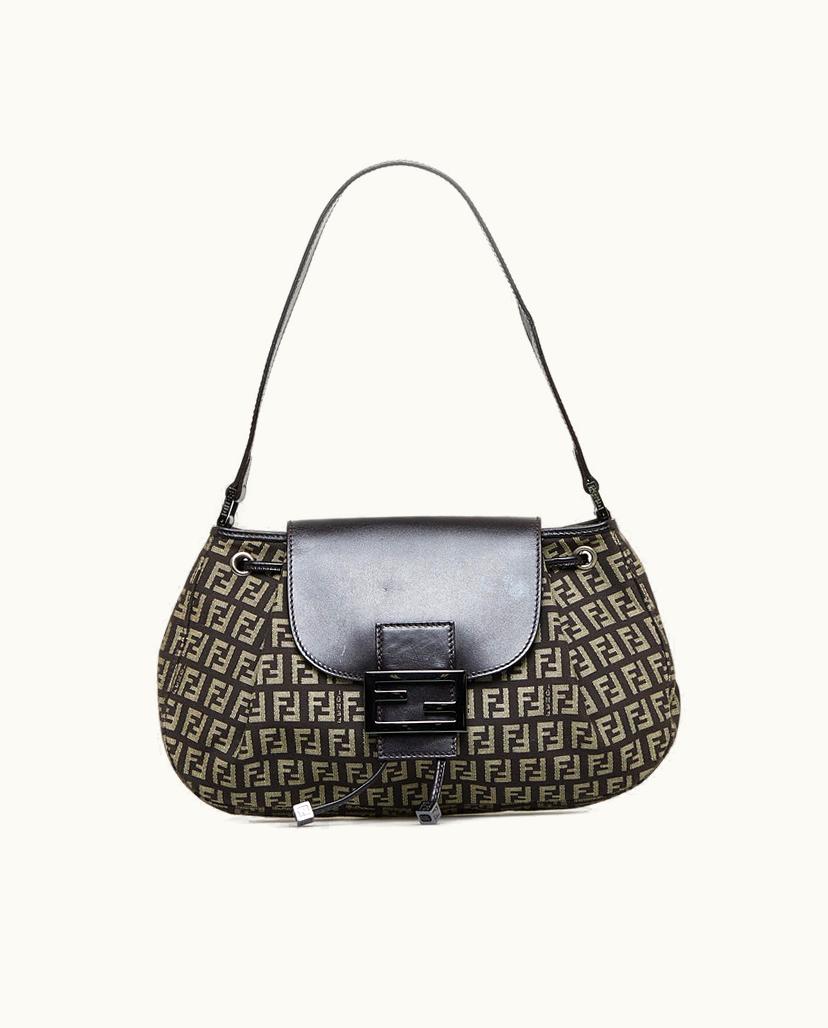 Fendi Fendi Zucchino Drawstring Baguette Canvas Shoulder Bag Brown