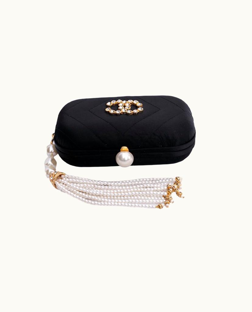 Chanel CHANEL Pochette Pearl Jewel Satin Leather Clutch Black