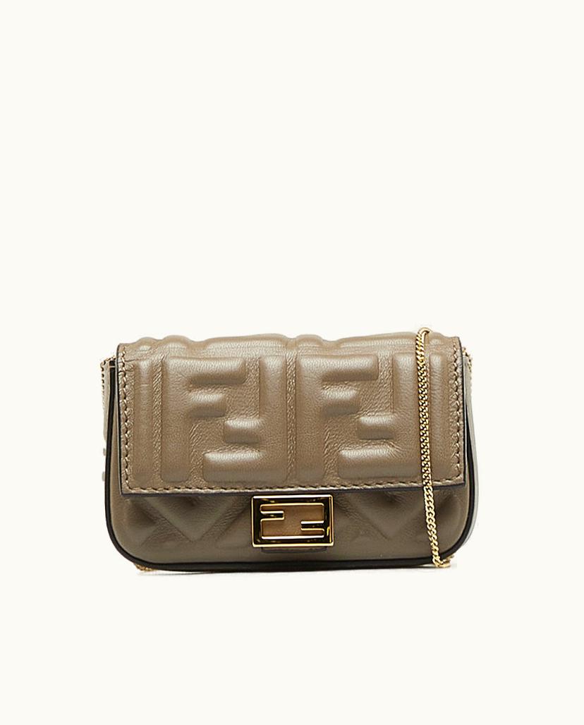 Fendi Fendi Zucca Embossed Nano Baguette Charm Leather Shoulder Bag Brown