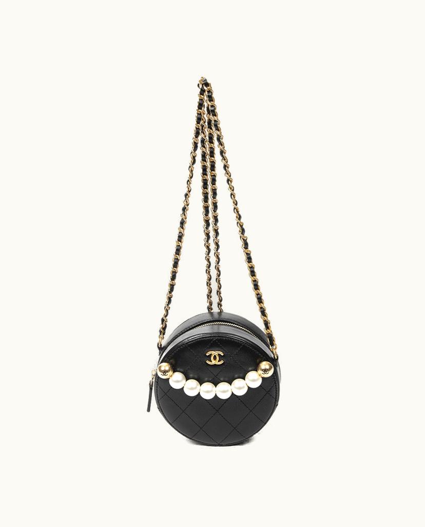 Chanel BrandCo Paris Pearl Round Chain Quilted Lambskin Leather Shoulder Bag Black