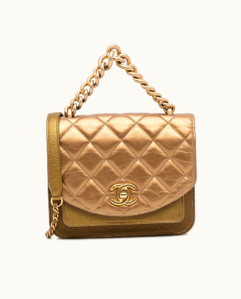 Chanel Chanel Mini Chain Handle Flap Shoulder Bag Leather In Gold