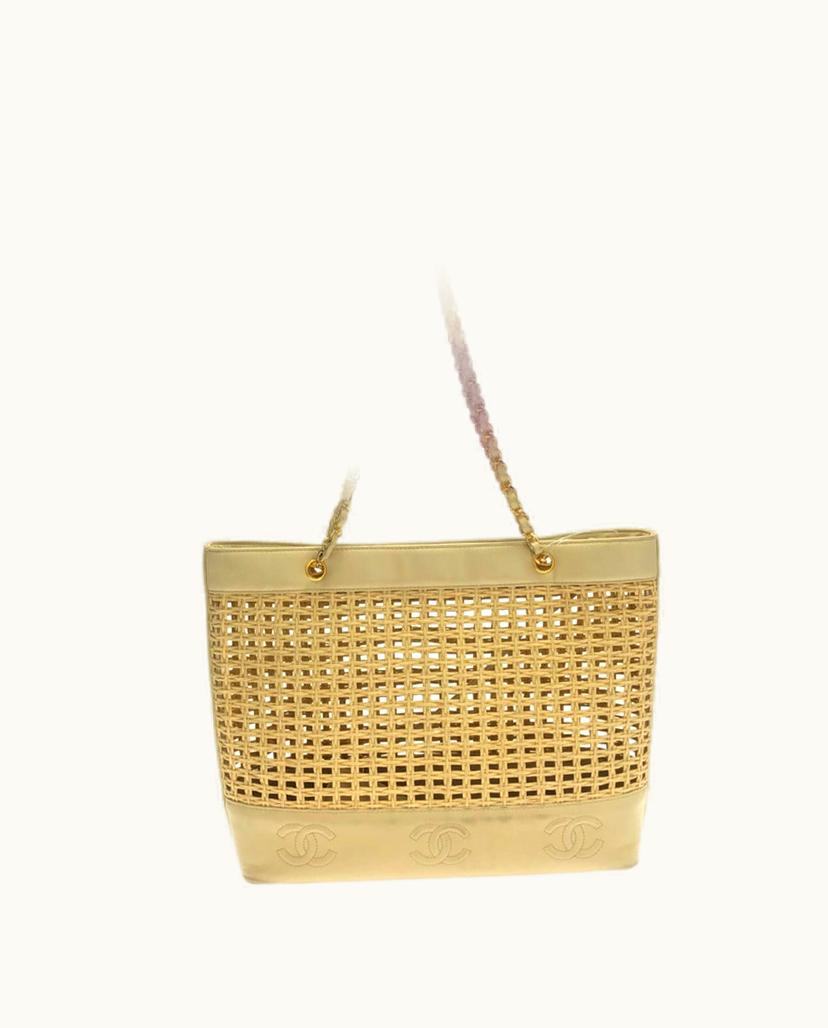 Chanel Chanel Triple Coco Straw & Lambskin Tote Bag Beige x Ivory