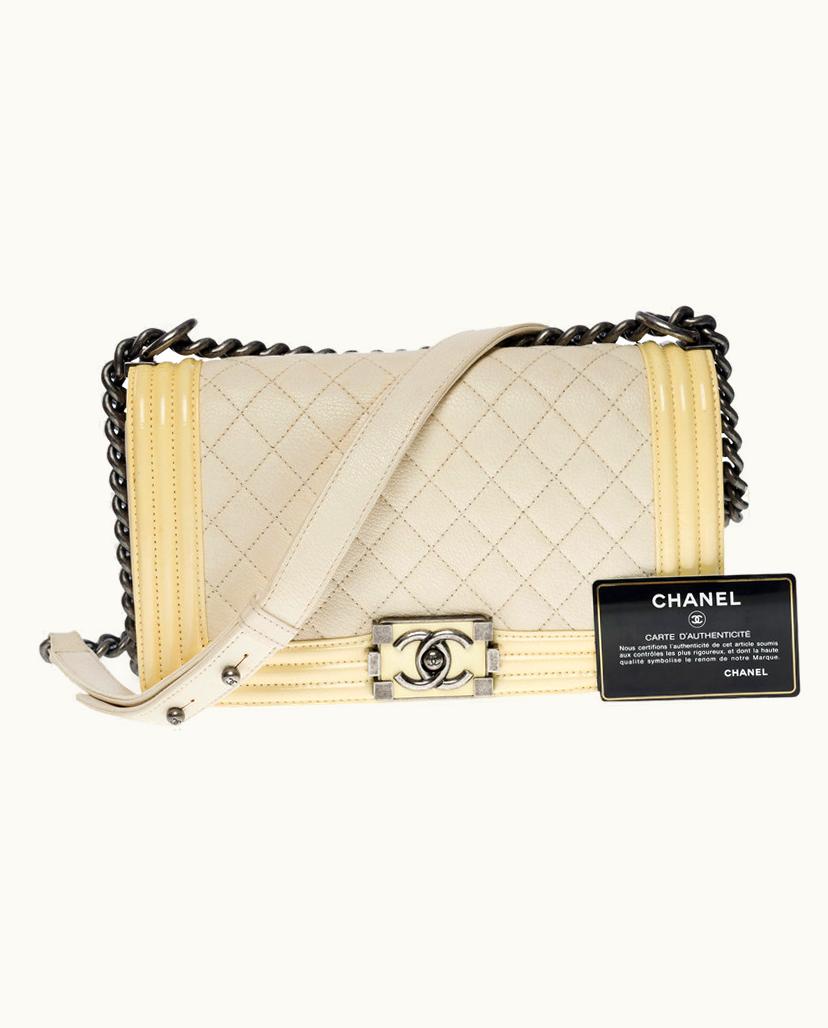 Chanel Chanel Boy Old Medium Caviar Leather Shoulder Bag Beige Yellow Argent
