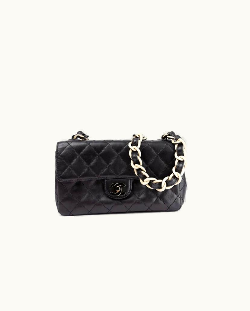 Chanel CHANEL Matelasse Plastic Chain Flap Bag Black & White Quilted Lamb Skin