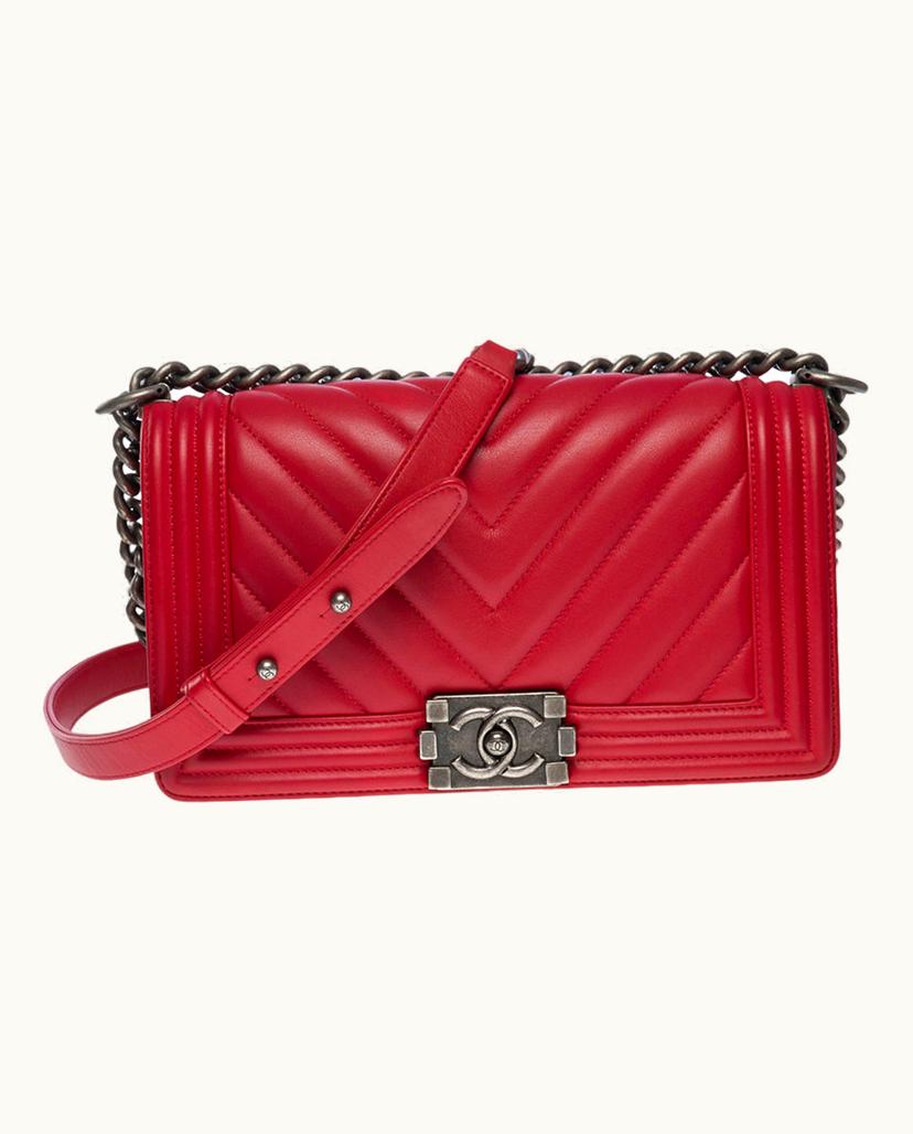 Chanel Chanel Boy Old Medium Shoulder Bag Quilted Herringbone Leather Red