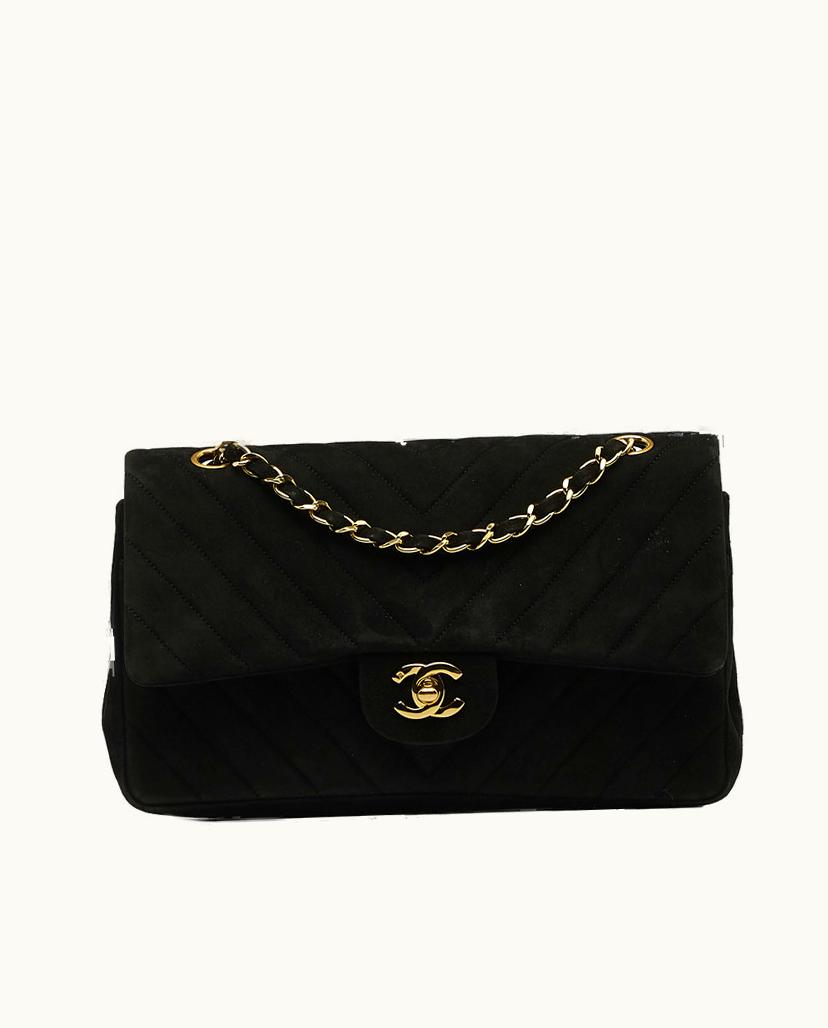 Chanel Chanel Medium Chevron Double Flap Shoulder Bag Suede Black
