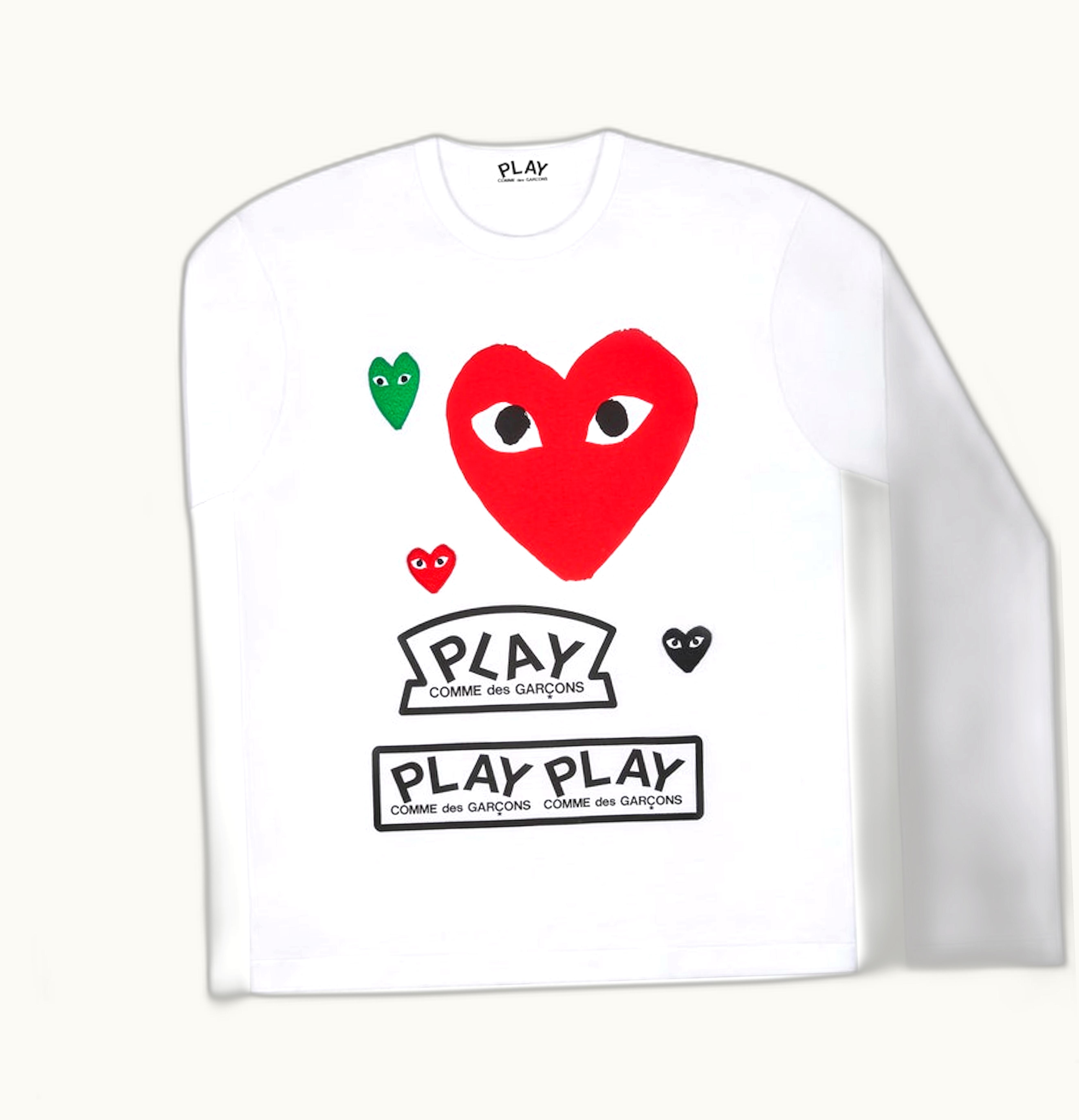 CDG Play Comme des Garcons PLAY Womens Multi Logo Red Heart Long Sleeve T shirt White
