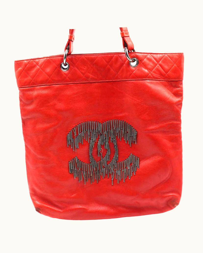 Chanel Chanel Shopping Tote Bag Red Silver Leather Canvas Handbag