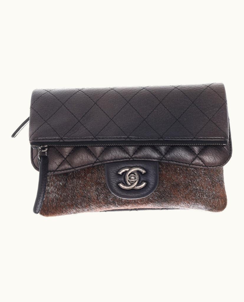 Chanel Chanel Diamond Quilted Leather and Fur Shoulder Bag Black