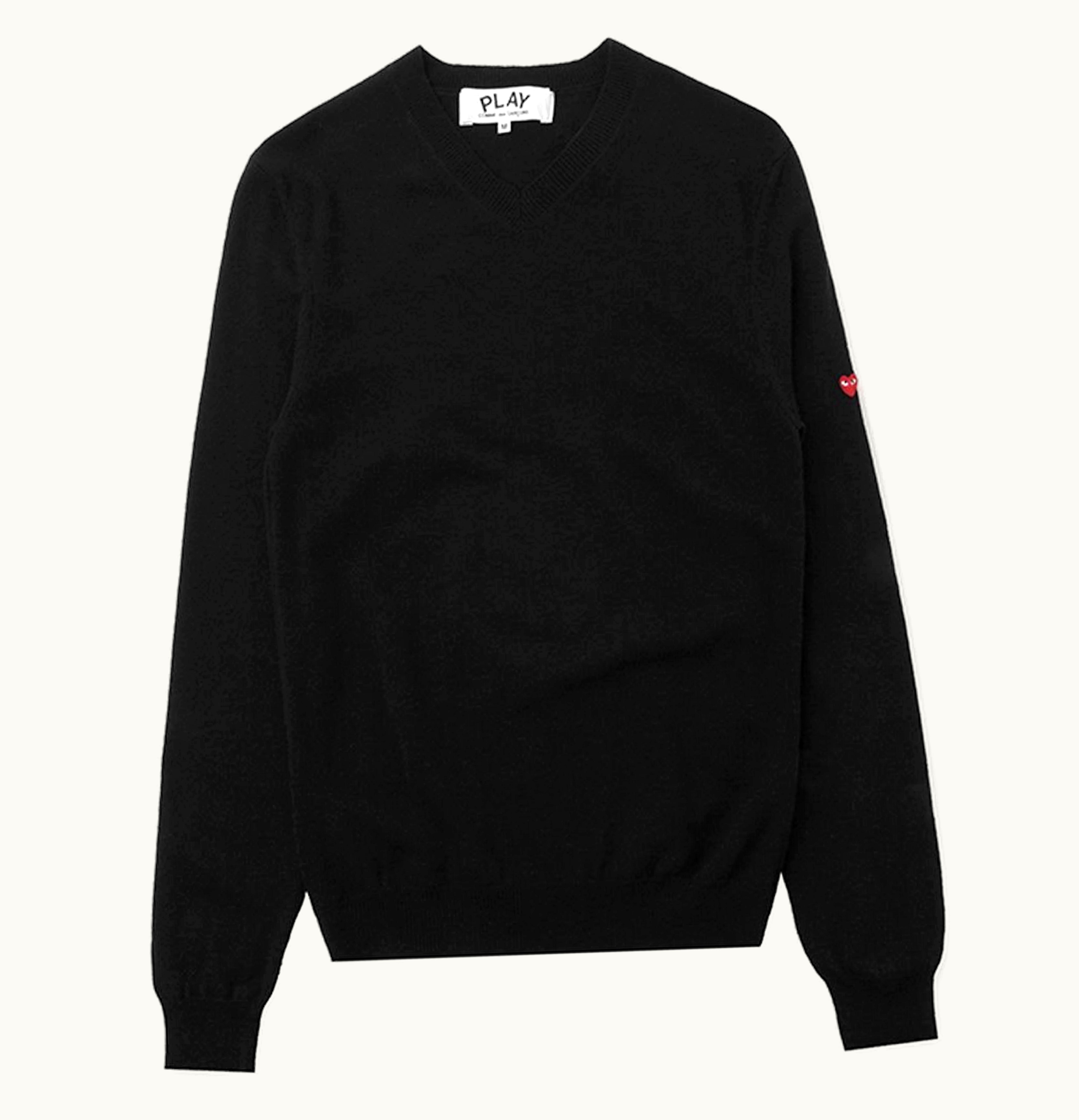 CDG Play Comme des Garcons PLAY Womens Small Heart on Sleeve V Neck Sweater Black