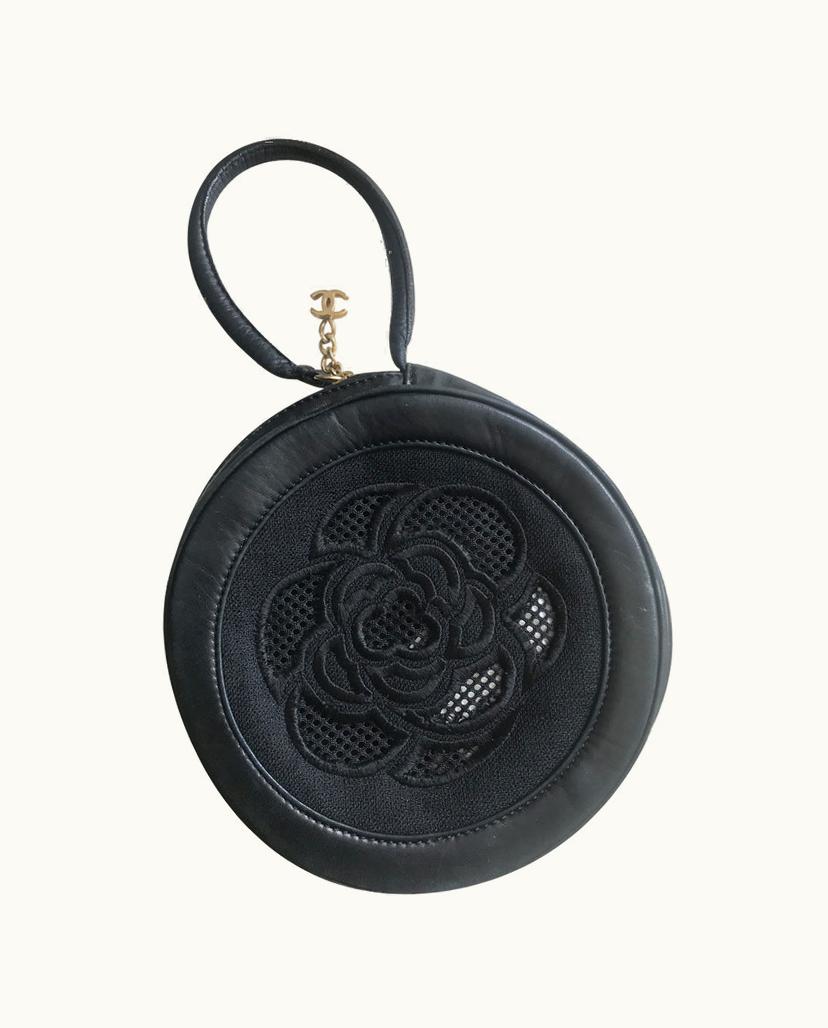 Chanel Chanel Camellia Logo Embroidered Leather Clutch Black