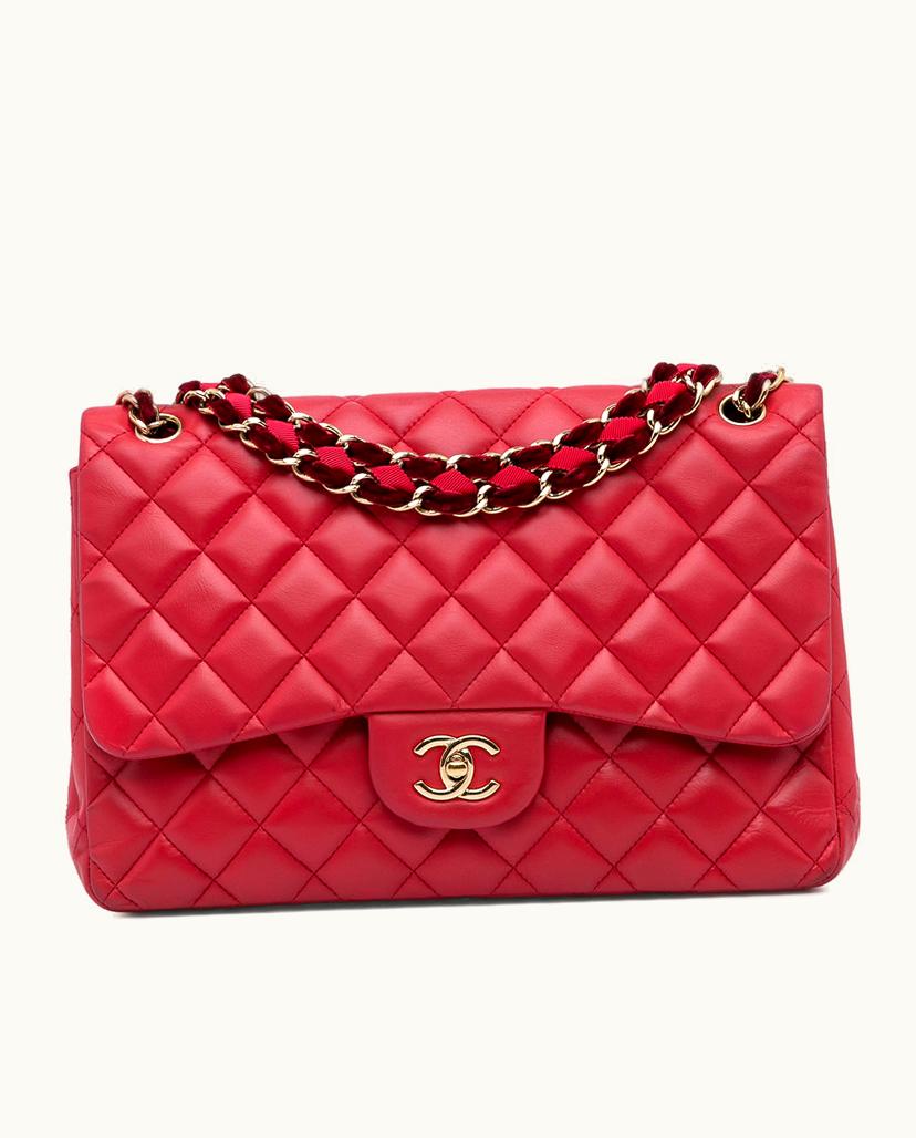 Chanel Chanel Jumbo Joined Chain Flap Bag Shoulder Bag Quilted Lambskin Leather Red