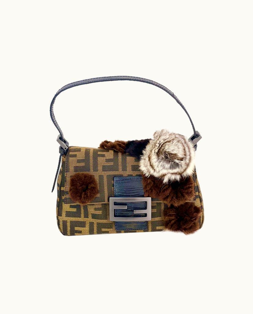 Fendi Fendi Mini Mama Baguette Rabbit Embellished Canvas XS Bag Brown