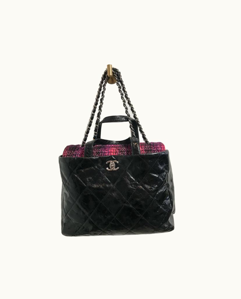 Chanel Chanel Aged Effect Quilted Leather Shopping Tote in Black with Purple and Pink Tweed Flap