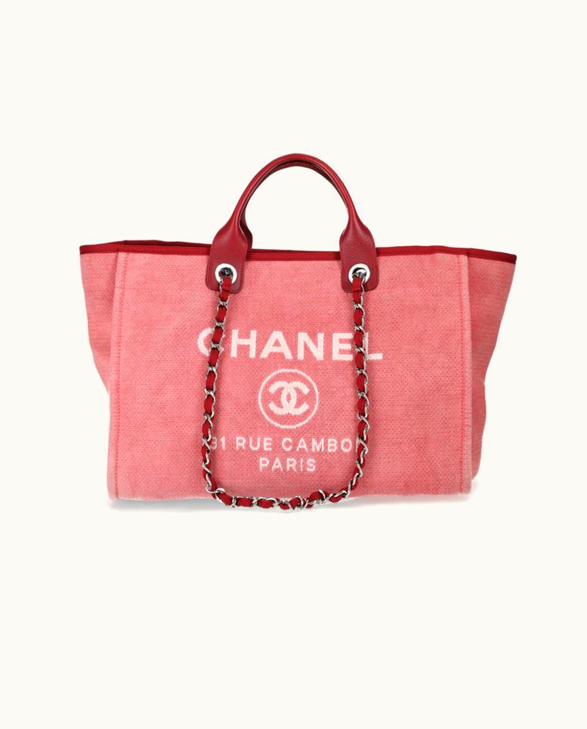Chanel CHANEL Deauville Medium Tote Bag Pink Canvas Silver-Tone & Red Trim