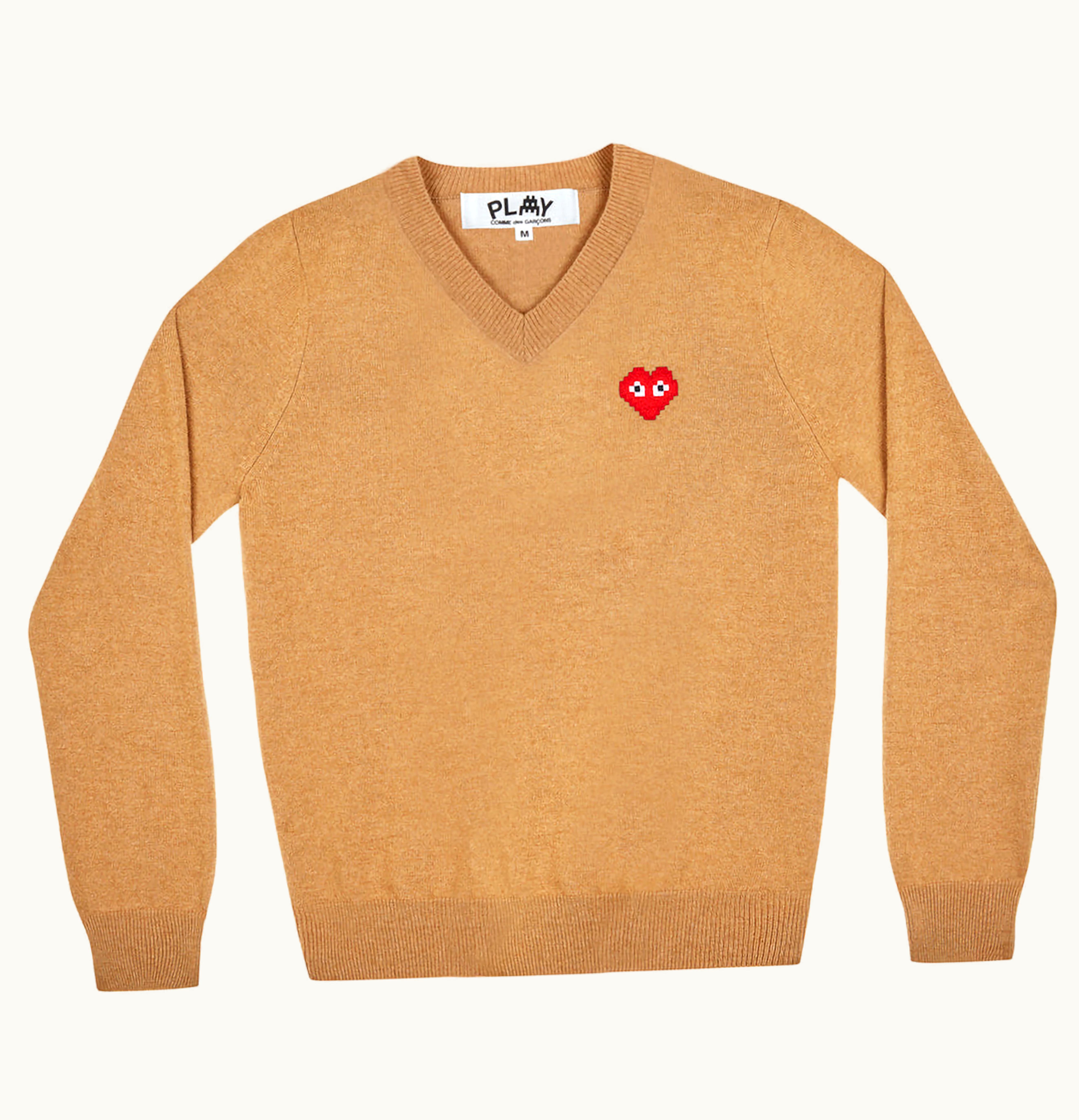 CDG Play Comme des Garcons PLAY x Invader Womens V Neck Sweater Camel
