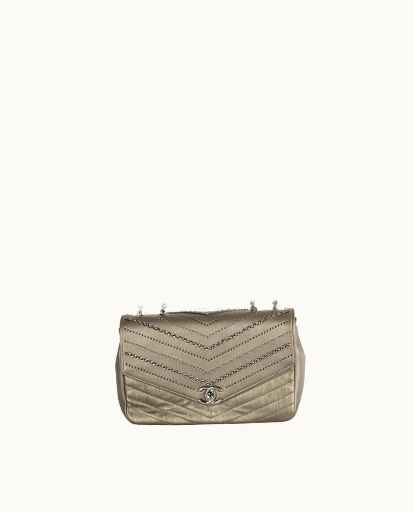 Chanel Chanel Chevron Flap Embellished Chain Sequins Leather Shoulder Bag Grey
