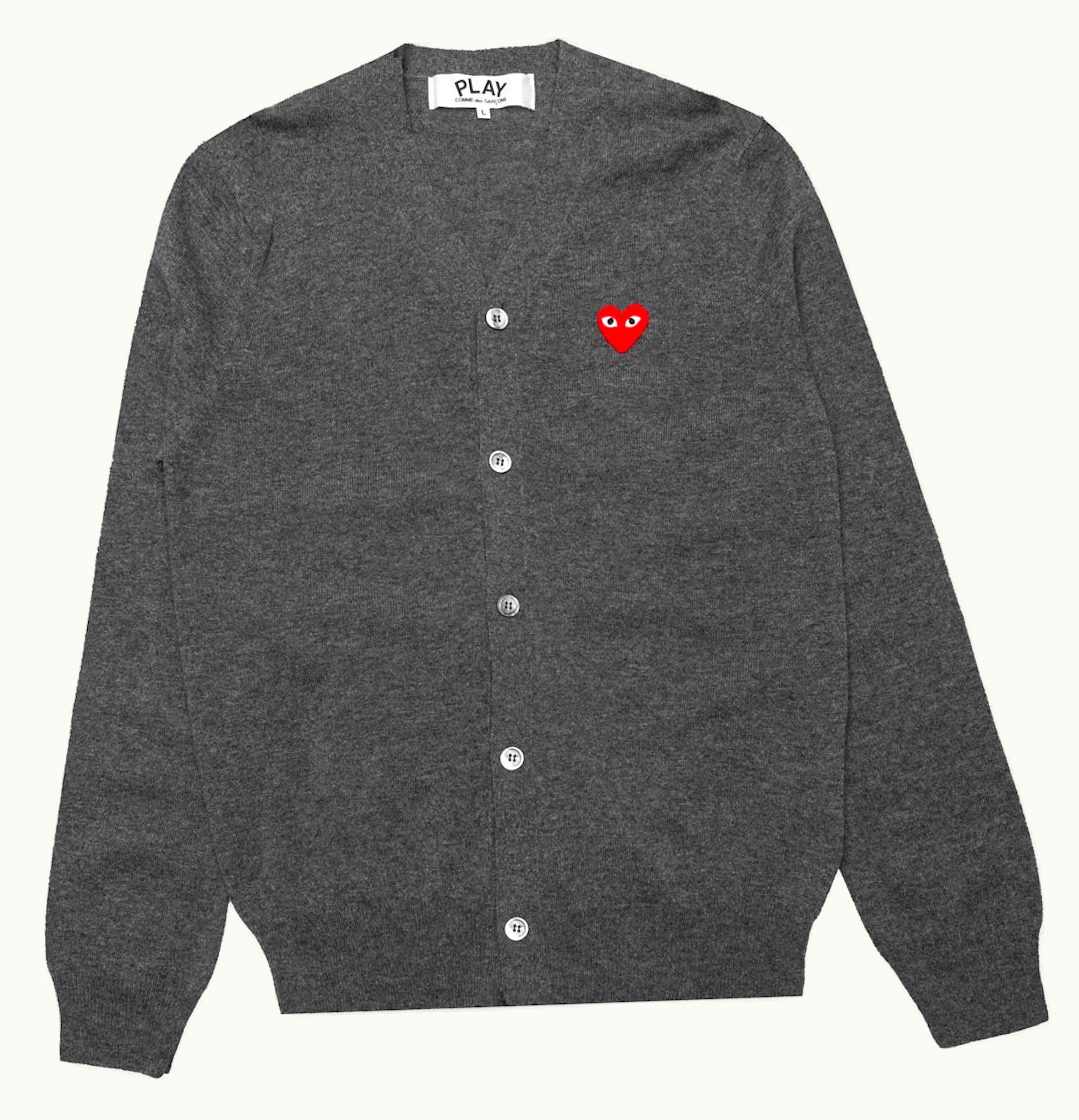 CDG Play Comme des Garcons PLAY Red Heart Knit Cardigan Sweater Grey