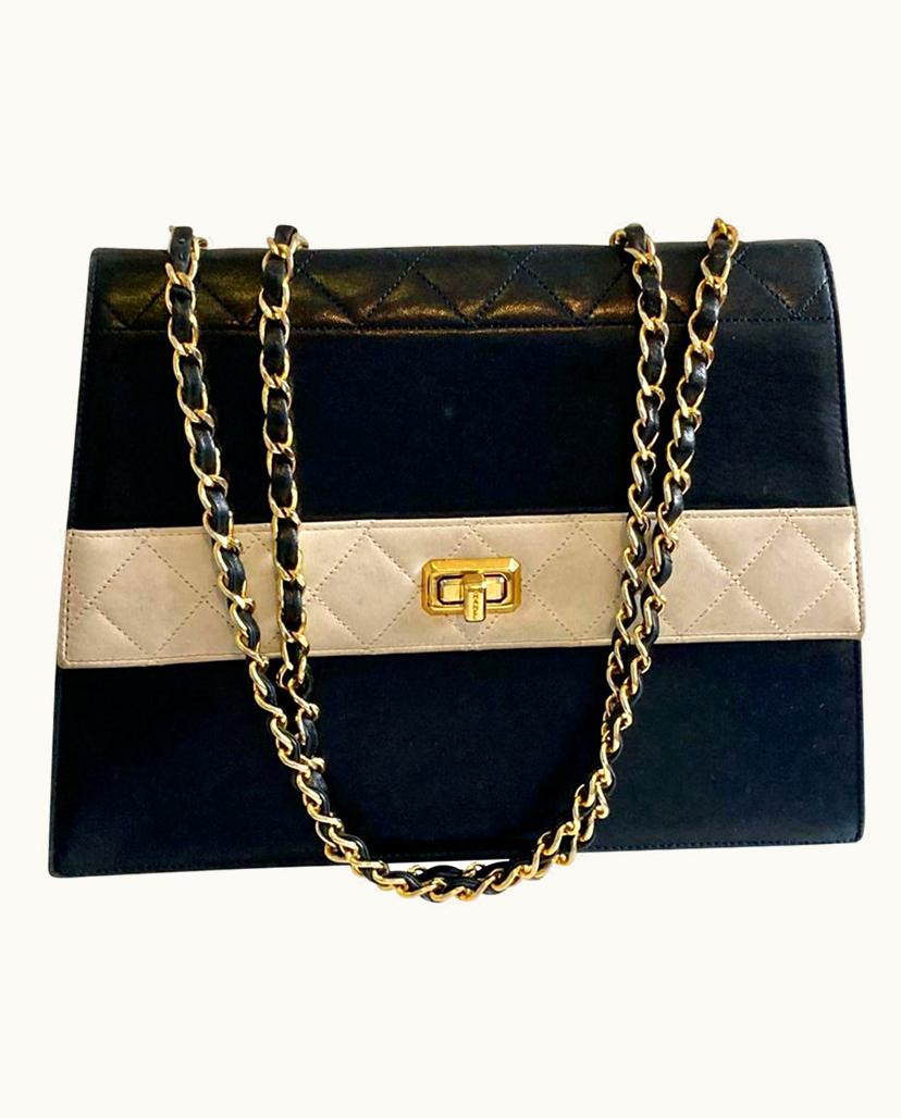 Chanel Chanel 1989-1991 Trapezoid Flap Bag Lambskin White/Dark Navy