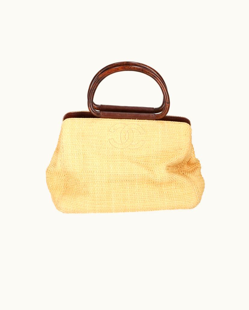 Chanel Chanel CC Raffia Wood Handle Handbag Beige Brown Vintage