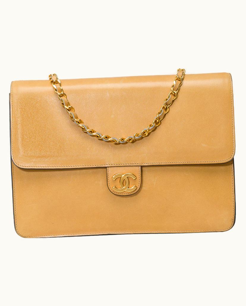 Chanel Chanel Classic Flap Bag Calfskin Shoulder Bag Beige Gold