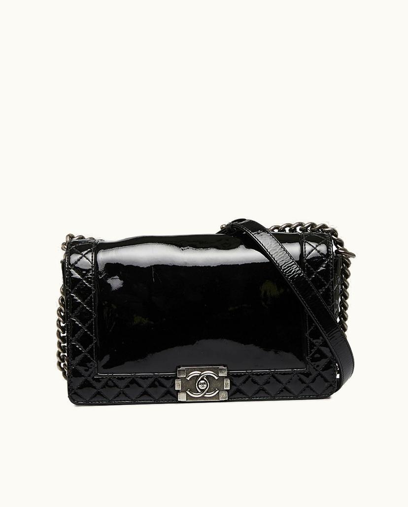 Chanel Chanel Reverso Boy Flap Shoulder Bag Patent Leather Medium Black