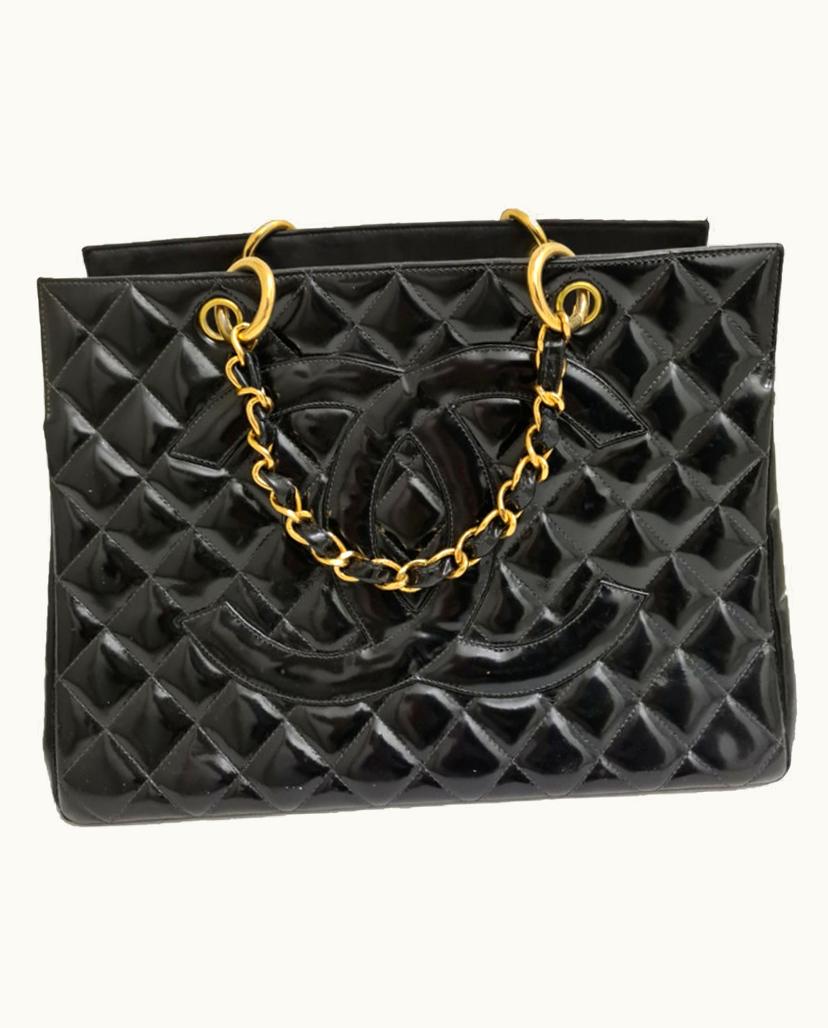 Chanel Chanel Quilted Matelasse CC Patent Leather Chain Tote Black