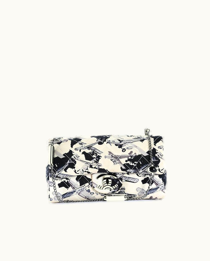 Chanel Chanel Airplane Print Canvas Medium Shoulder Bag White/Navy Blue