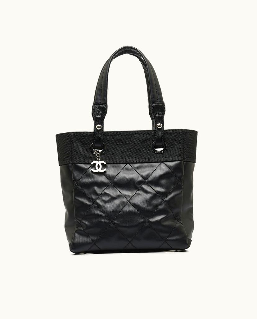 Chanel Chanel Paris Biarritz PM Tote Bag Coated Canvas Black