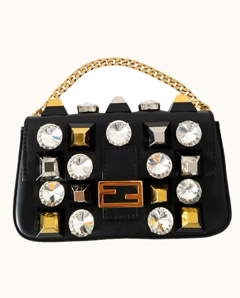 Fendi Fendi Micro Baguette Sac Leather Black Rhinestone Gold