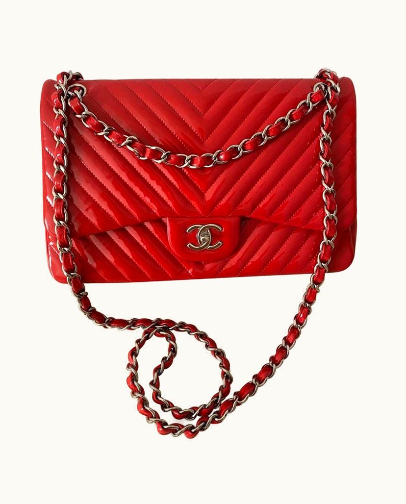 Chanel Chanel Women's Chevron Flap Bag Patent Leather In Red