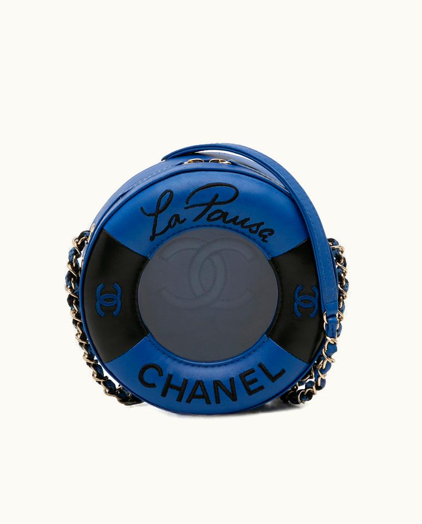 Chanel Chanel Coco Lifesaver Round Crossbody Lambskin Leather Bag Blue & Black
