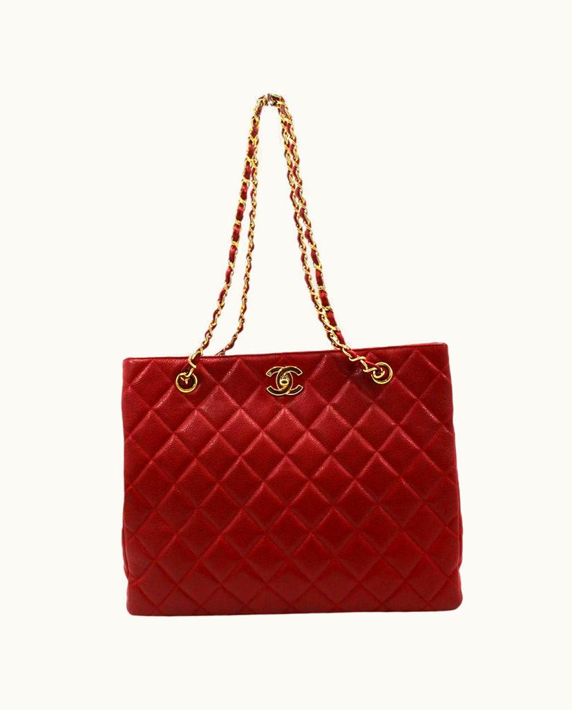 Chanel Chanel Shopper Bag Women's Leather Red Gold