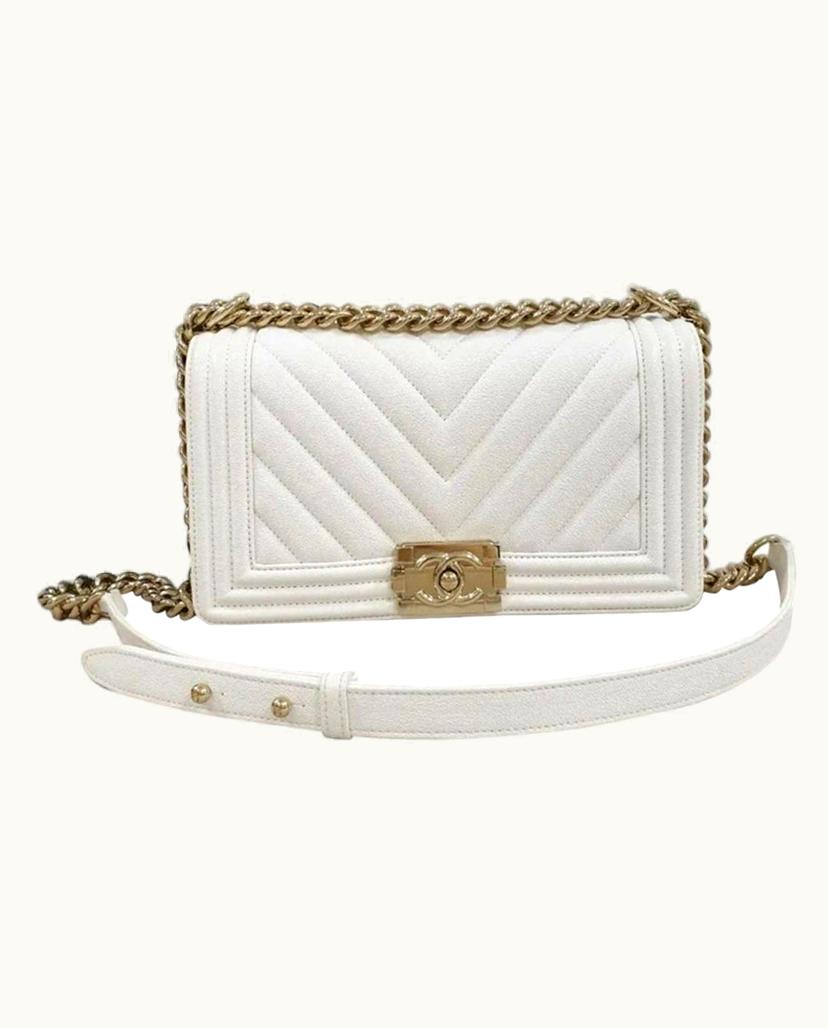Chanel Chanel Medium Boy Bag Chevron Caviar Leather White Gold