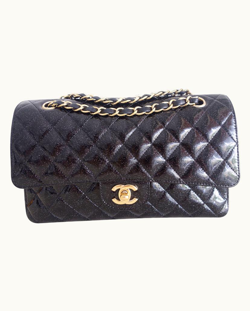 Chanel Chanel Classic Medium Handbag Sequined Quilted Patent Leather Golden Hardware Black
